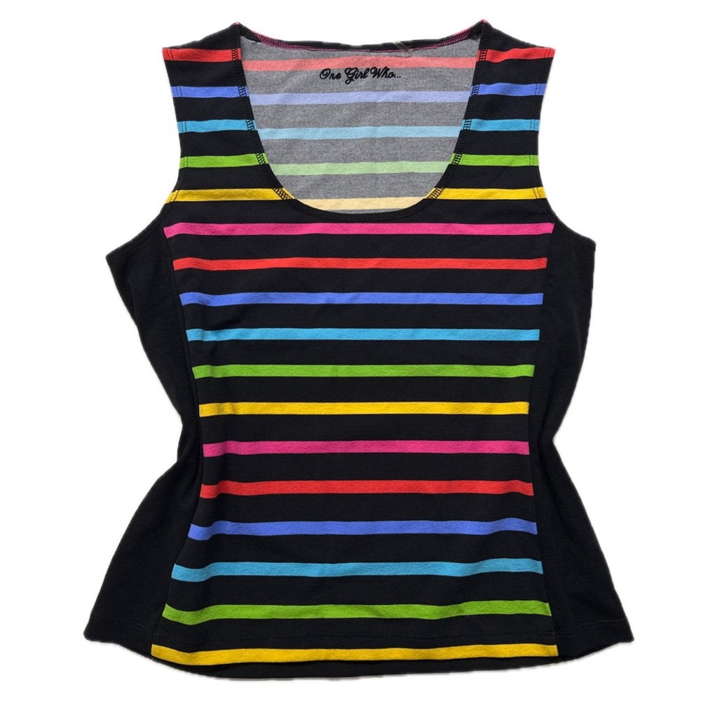 Y2K ONE GIRL WHO women's black/multi striped nylon tank, L.